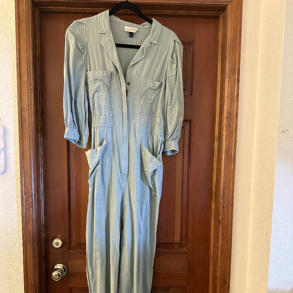 Universal thread sage green puff sleeve cotton jumpsuit with pockets size 10